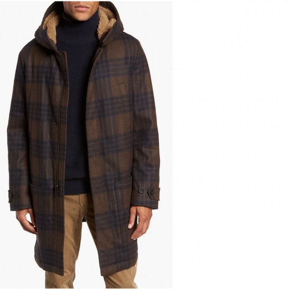 VINCE Plaid Duffle Coat with Faux Shearling Trim Wool Cashmere XS